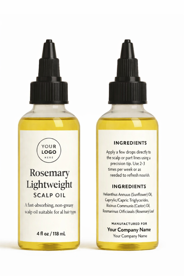 Two bottles of rosemary lightweight scalp oil with labels on a white background